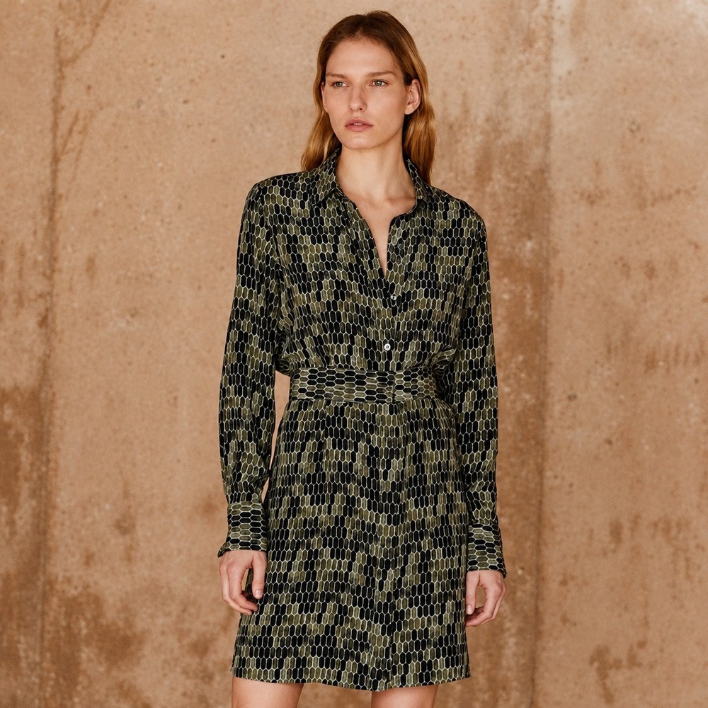 Equipment Green Silk Edwidge Geometric Print Shirt Mini Dress Belted Size XS